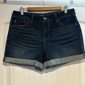EUC 3.5 inch long dark denim whiskered short